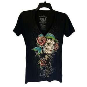 Sullen Angels Women's Y2K Emo Top Size M Black Dark Floral Skull Whimsigoth Slim